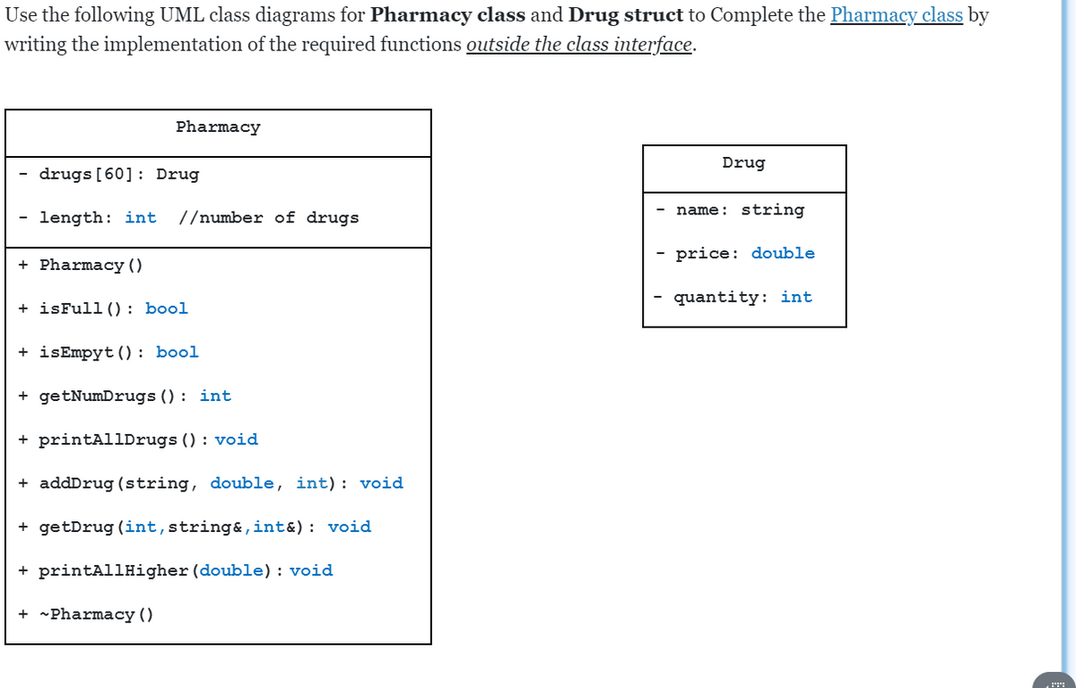 Use the following UML class diagrams for Pharmacy class and Drug struct to Complete the Pharmacy class by
writing the implementation of the required functions outside the class interface.
Pharmacy
Drug
drugs [60]: Drug
name: string
length: int
//number of drugs
price: double
+ Pharmacy ()
quantity: int
+ isFull(): bool
+ isEmpyt (): bool
+ getNumDrugs () : int
+ printAllDrugs () : void
+ addDrug (string, double, int): void
+ getDrug (int,string&,int&): void
+ printAllHigher (double): void
+ -Pharmacy ()
