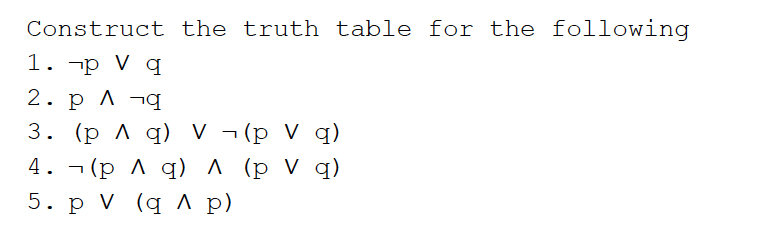 Construct the truth table for the following
1. p V q
2. pЛ ¬q
3. (p A q) V (p V q)
4. (p ^ q) A (p V q)
5. p V (q A p)