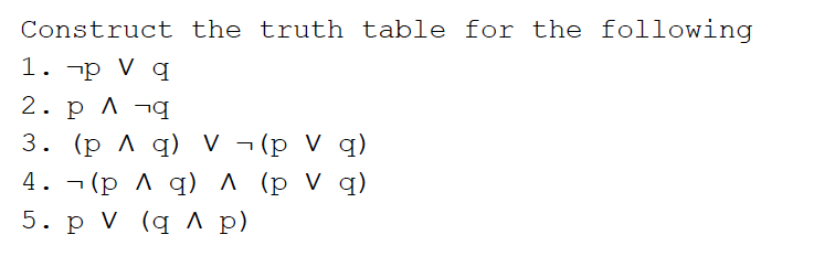 Construct the truth table for the following
1.
p V q
2. p Л -q
3. (p A q) V (p V q)
4. (p A q) A (p V q)
7
5. p V (q ^ p)