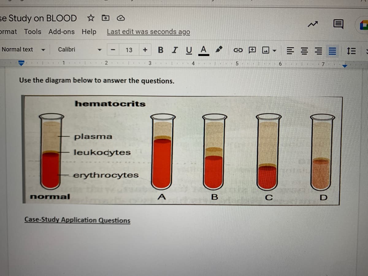 se Study on BLOOD
ormat Tools
Last edit was seconds ago
Normal text Y Calibri
13
+
1
2
3
Use the diagram below to answer the questions.
hematocrits
plasma
leukocytes
erythrocytes
normal
Case-Study Application Questions
Add-ons Help
B I U A
A
| 4 |
B
CE
5
M-
C
6
E
E
וון
D
E
IE: