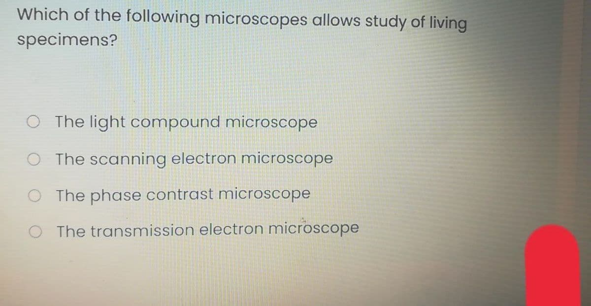 Which of the following microscopes allows study of living
specimens?
O The light compound microscope
The scanning electron microscope
O The phase contrast microscope
O The transmission electron microscope
