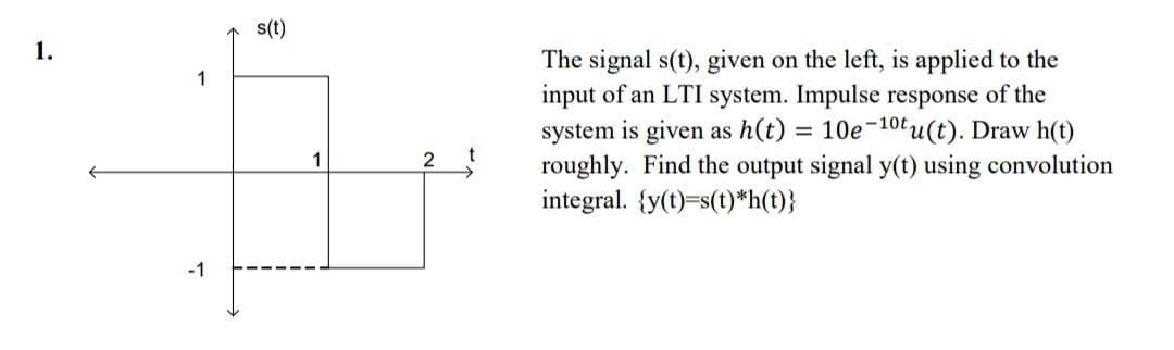 s(t)
1.
The signal s(t), given on the left, is applied to the
input of an LTI system. Impulse response of the
system is given as h(t) = 10e-10tu(t). Draw h(t)
roughly. Find the output signal y(t) using convolution
integral. {y(t)=s(t)*h(t)}
1
1
-1
