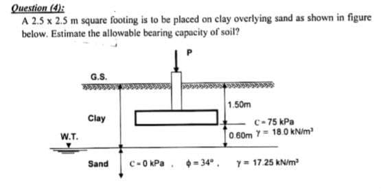 Question (4):
A 2.5 x 2.5 m square footing is to be placed on clay overlying sand as shown in figure
below. Estimate the allowable bearing capacity of soil?
G.S.
1.50m
Clay
C-75 kPa
W.T.
0 60m Y = 18.0 kN/m
c-0 kPa. 0= 34°.
y= 17.25 kN/m
Sand
