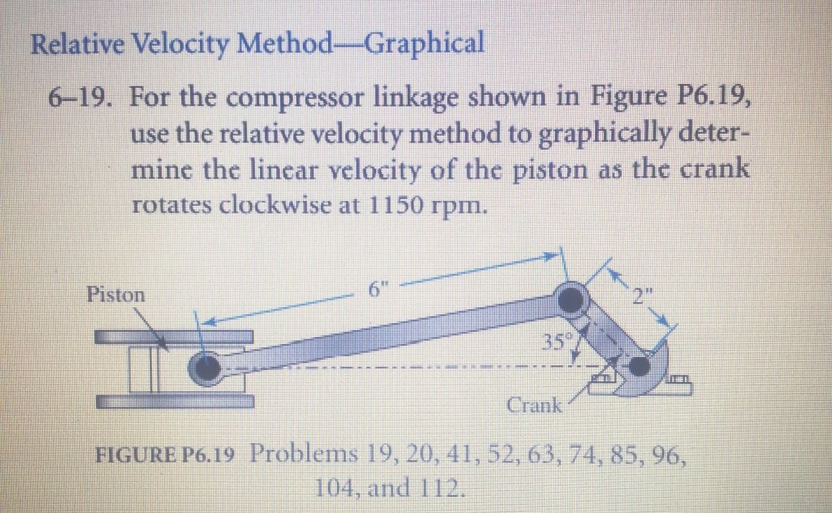 Relative Velocity Method-Graphical
6-19. For the compressor linkage shown in Figure P6.19,
use the relative velocity method to graphically deter-
mine the linear velocity of the piston as the crank
rotates clockwise at 1150 rpm.
Piston
6"
35
Crank
FIGURE P6.19 Problems 19, 20, 41, 52, 63, 74, 85, 96,
104, and 112.

