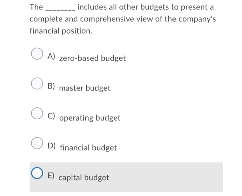 The
includes all other budgets to present a
complete and comprehensive view of the company's
financial position.
A) zero-based budget
O B) master budget
O C) operating budget
O D) financial budget
O E) capital budget
