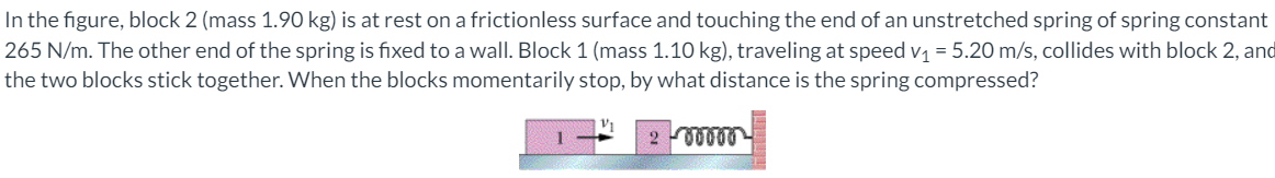 In the figure, block 2 (mass 1.90 kg) is at rest on a frictionless surface and touching the end of an unstretched spring of spring constant
265 N/m. The other end of the spring is fixed to a wall. Block 1 (mass 1.10 kg), traveling at speed v1 = 5.20 m/s, collides with block 2, and
the two blocks stick together. When the blocks momentarily stop, by what distance is the spring compressed?
2
