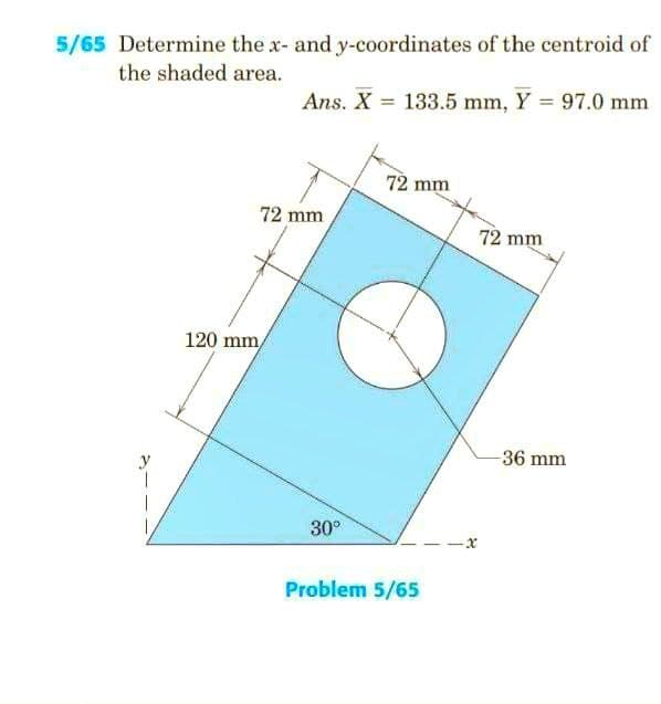 5/65 Determine the x- and y-coordinates of the centroid of
the shaded area.
Ans. X = 133.5 mm, Y = 97.0 mm
72 mm
72 mm
T
72 mm
120 mm/
30°
Problem 5/65
-36 mm