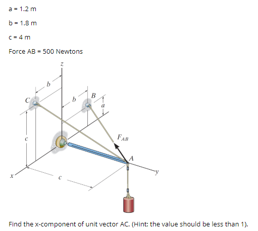 a = 1.2 m
b = 1.8 m
C = 4 m
Force AB = 500 Newtons
FAB
A
Find the x-component of unit vector AC. (Hint: the value should be less than 1).
