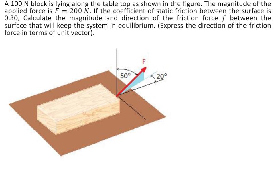 A 100 N block is lying along the table top as shown in the figure. The magnitude of the
applied force is F= 200 N. If the coefficient of static friction between the surface is
0.30, Calculate the magnitude and direction of the friction force f between the
surface that will keep the system in equilibrium. (Express the direction of the friction
force in terms of unit vector).
50°
200