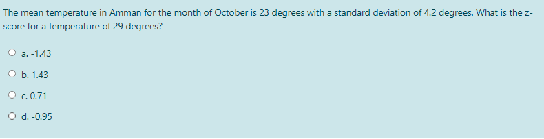 The mean temperature in Amman for the month of October is 23 degrees with a standard deviation of 4.2 degrees. What is the z-
score for a temperature of 29 degrees?
O a. -1.43
O b. 1.43
O .0.71
O d. -0.95
