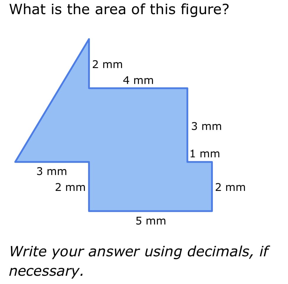 What is the area of this figure?
3 mm
2 mm
2 mm
4 mm
5 mm
3 mm
1 mm
2 mm
Write your answer using decimals, if
necessary.
