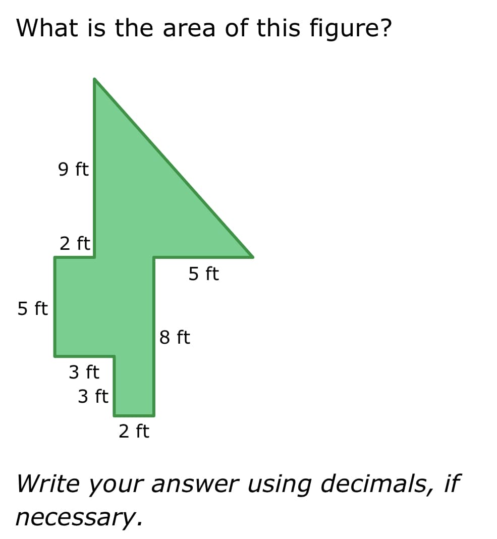 What is the area of this figure?
5 ft
9 ft
2 ft
3 ft
3 ft
2 ft
5 ft
8 ft
Write your answer using decimals, if
necessary.