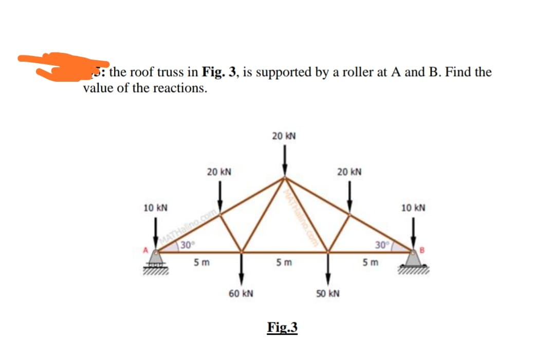 J: the roof truss in Fig. 3, is supported by a roller at A and B. Find the
value of the reactions.
20 KN
20 kN
20 kN
10 kN
10 kN
30
30
5 m
5 m
5 m
60 kN
50 kN
Fig.3
