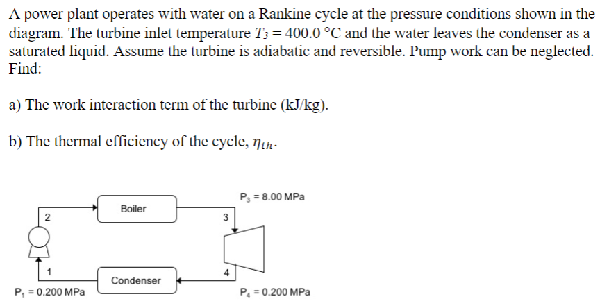 A power plant operates with water on a Rankine cycle at the pressure conditions shown in the
diagram. The turbine inlet temperature T3 = 400.0 °C and the water leaves the condenser as a
saturated liquid. Assume the turbine is adiabatic and reversible. Pump work can be neglected.
Find:
a) The work interaction term of the turbine (kJ/kg).
b) The thermal efficiency of the cycle, nth-
P₁ = 8.00 MPa
Boiler
2
3
4
Condenser
P₁ = 0.200 MPa
P₁ = 0.200 MPa