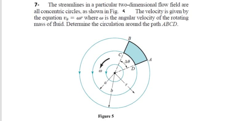The streamlines in a particular two-dimensional flow field are
all concentric circles, as shown in Fig. 5
the equation v, = wr where w is the angular velocity of the rotating
mass of fluid. Determine the circulation around the path ABCD.
The velocity is given by
B
Figure 5
