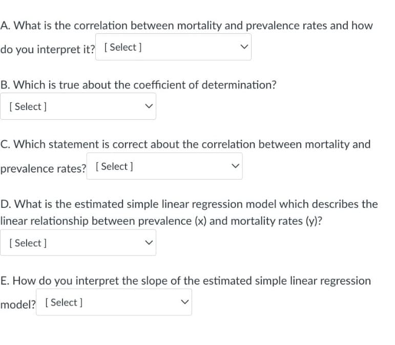A. What is the correlation between mortality and prevalence rates and how
do you interpret it? [Select]
B. Which is true about the coefficient of determination?
[Select]
C. Which statement is correct about the correlation between mortality and
prevalence rates? [Select]
D. What is the estimated simple linear regression model which describes the
linear relationship between prevalence (x) and mortality rates (y)?
[Select]
E. How do you interpret the slope of the estimated simple linear regression
model? [Select]