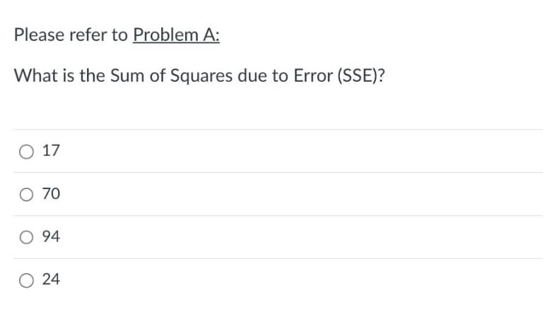 Please refer to Problem A:
What is the Sum of Squares due to Error (SSE)?
O 17
O 70
O 94
O 24
