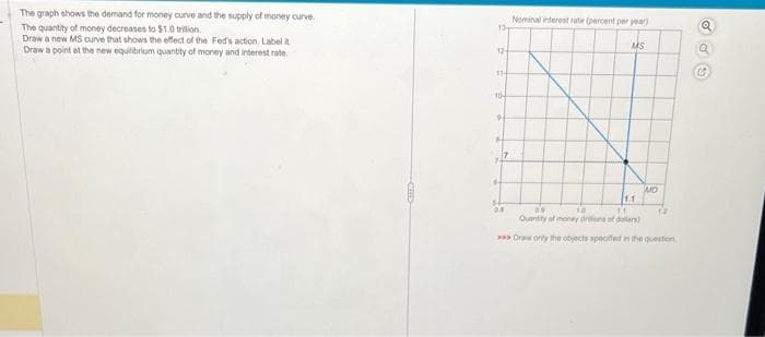 The graph shows the demand for money curve and the supply of money curve.
The quantity of money decreases to $1.0 trillion.
Draw a new MS curve that shows the effect of the Fed's action. Label it
Draw a point at the new equilibrium quantity of money and interest rate
12-
11-
10-
9
A
7
Nominal interest rate (percent per year)
$
MS
MO
1.1
19
10
KE
Quantity of money drilions of dollars)
Draw only the objects specified in the question
12