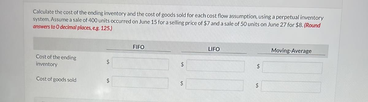 Calculate the cost of the ending inventory and the cost of goods sold for each cost flow assumption, using a perpetual inventory
system. Assume a sale of 400 units occurred on June 15 for a selling price of $7 and a sale of 50 units on June 27 for $8. (Round
answers to 0 decimal places, e.g. 125.)
Cost of the ending
inventory
Cost of goods sold
$
$
FIFO
$
$
LIFO
$
$
Moving-Average