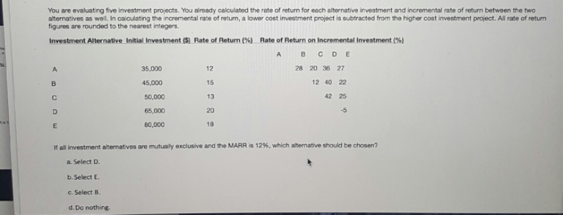 You are evaluating five investment projects. You already calculated the rate of return for each alternative investment and incremental rate of return between the two
alternatives as well. In calculating the incremental rate of return, a lower cost investment project is subtracted from the higher cost investment project. All rate of return
figures are rounded to the nearest integers.
Investment Alternative Initial Investment ($) Rate of Return (%) Rate of Return on Incremental Investment (%)
A
CDE
A
B
C
D
E
b.Select E.
c. Select B.
35,000
45,000
d. Do nothing.
50,000
65,000
80,000
12
15
13
20
18
B
28
20 36 27
12 40 22
If all investment alternatives are mutually exclusive and the MARR is 12%, which alternative should be chosen?
a. Select D.
42 25
-5