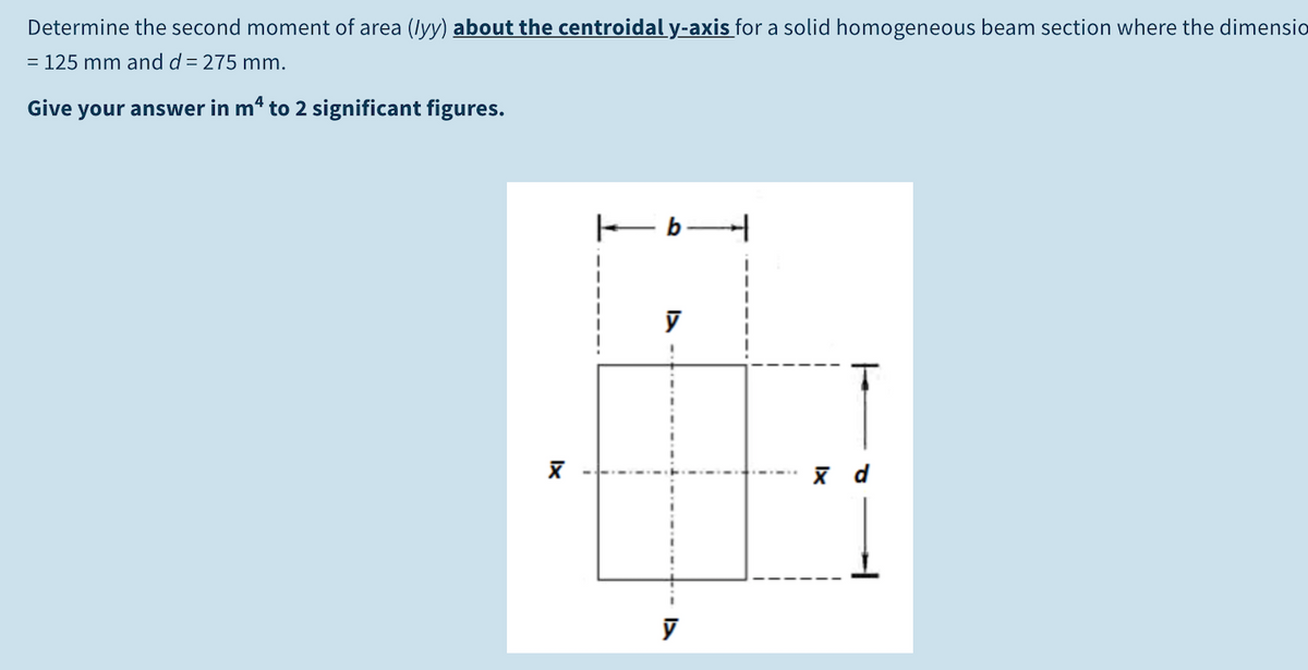 Determine the second moment of area (lyy) about the centroidal y-axis for a solid homogeneous beam section where the dimensio
= 125 mm and d = 275 mm.
Give your answer in m4 to 2 significant figures.
Ix
