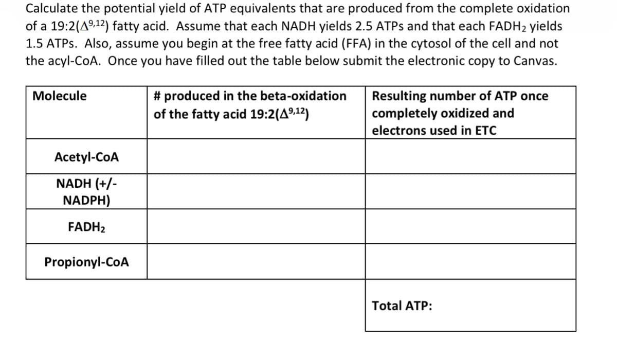 Calculate the potential yield of ATP equivalents that are produced from the complete oxidation
of a 19:2 (49,12) fatty acid. Assume that each NADH yields 2.5 ATPs and that each FADH2 yields
1.5 ATPs. Also, assume you begin at the free fatty acid (FFA) in the cytosol of the cell and not
the acyl-CoA. Once you have filled out the table below submit the electronic copy to Canvas.
Molecule
Acetyl-CoA
NADH (+/-
NADPH)
FADH2
Propionyl-CoA
# produced in the beta-oxidation
of the fatty acid 19:2(4⁹,¹2)
Resulting number of ATP once
completely oxidized and
electrons used in ETC
Total ATP: