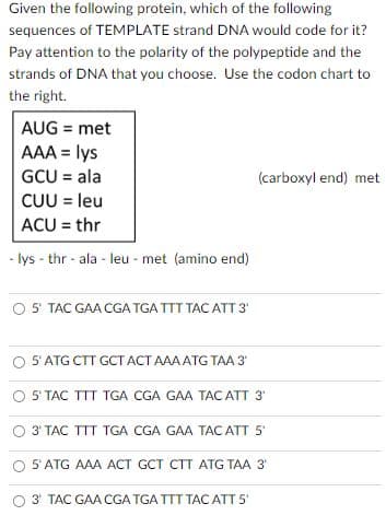 Given the following protein, which of the following
sequences of TEMPLATE strand DNA would code for it?
Pay attention to the polarity of the polypeptide and the
strands of DNA that you choose. Use the codon chart to
the right.
AUG = met
AAA = lys
GCU = ala
| CUU = leu
ACU = thr
-lys - thr - ala - leu - met (amino end)
5' TAC GAA CGA TGA TTT TAC ATT 3'
5' ATG CTT GCT ACT AAA ATG TAA 3'
(carboxyl end) met
5' TAC TTT TGA CGA GAA TAC ATT 3¹'
3' TAC TTT TGA CGA GAA TAC ATT 5¹
5' ATG AAA ACT GCT CTT ATG TAA 3¹
3 TAC GAA CGA TGA TTT TAC ATT 5'