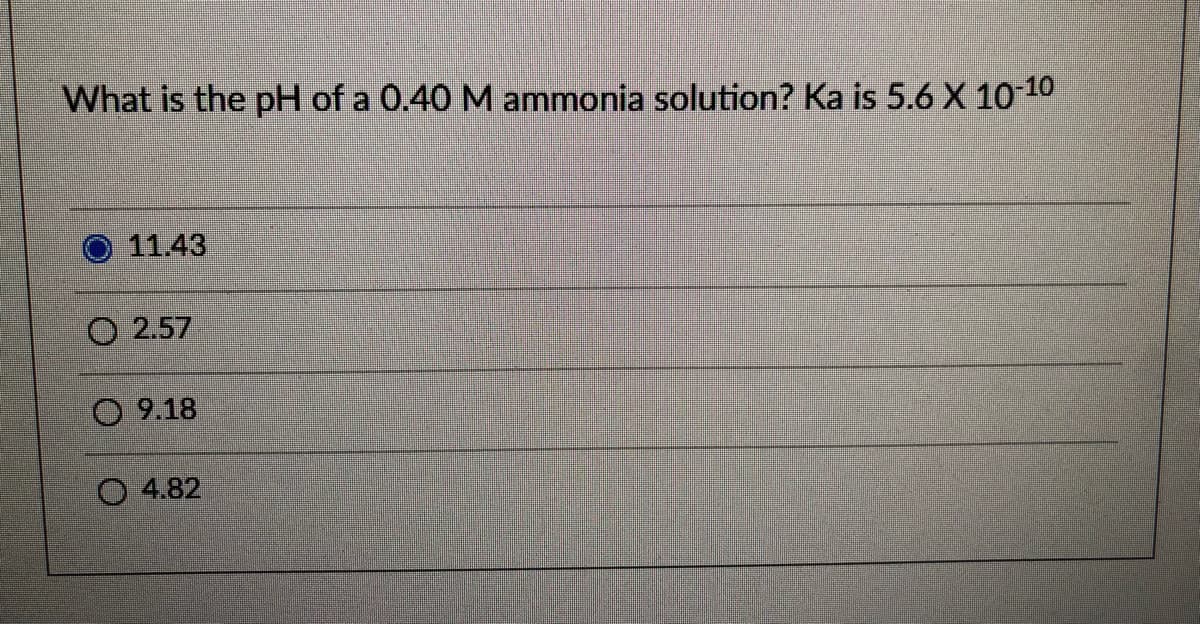What is the pH of a 0.40 M ammonia solution? Ka is 5.6 X 10-10
11.43
O 2.57
O 9.18
O 4.82
