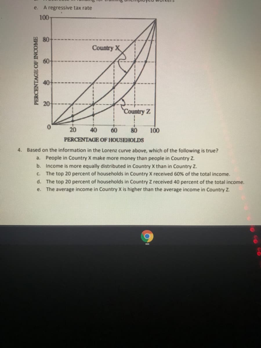 e. A regressive tax rate
100
0-
Country X
60
40
20
Country Z
20
40
60
80
100
PERCENTAGE OF HOUSEHOLDS
4. Based on the information in the Lorenz curve above, which of the following is true?
a. People in Country X make more money than people in Country Z.
b. Income is more equally distributed in Country X than in Country Z.
The top 20 percent of households in Country X received 60% of the total income.
d. The top 20 percent of households in Country Z received 40 percent of the total income.
The average income in Country X is higher than the average income in Country Z.
C.
e.
PERCENTAGE OF INCOME
