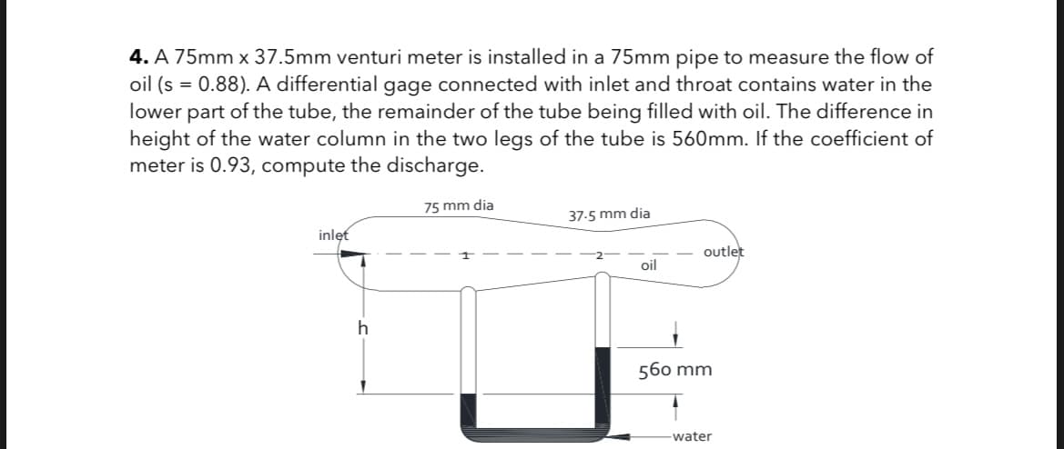 4. A 75mm x 37.5mm venturi meter is installed in a 75mm pipe to measure the flow of
oil (s = 0.88). A differential gage connected with inlet and throat contains water in the
lower part of the tube, the remainder of the tube being filled with oil. The difference in
height of the water column in the two legs of the tube is 560mm. If the coefficient of
meter is 0.93, compute the discharge.
75 mm dia
inlet
h
37.5 mm dia
oil
outlet
560 mm
-water