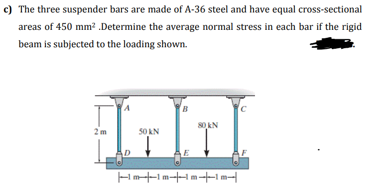 c) The three suspender bars are made of A-36 steel and have equal cross-sectional
areas of 450 mm² .Determine the average normal stress in each bar if the rigid
beam is subjected to the loading shown.
A
B
C
80 kN
2 m
50 kN
D
E
F
-1m--1m--1 m--1m-|
