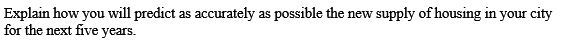 Explain how you will predict as accurately as possible the new supply of housing in your city
for the next five years.
