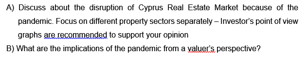 A) Discuss about the disruption of Cyprus Real Estate Market because of the
pandemic. Focus on different property sectors separately – Investor's point of view
graphs are recommended to support your opinion
B) What are the implications of the pandemic from a valuer's perspective?
