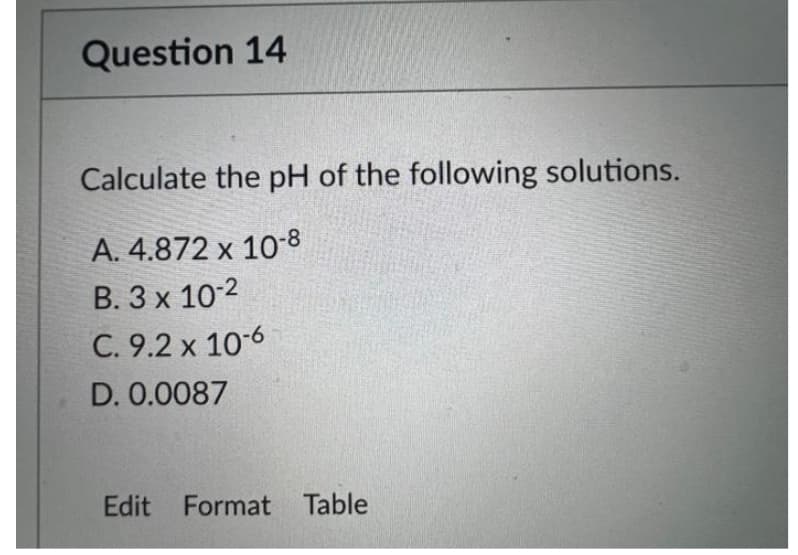 Question 14
Calculate the pH of the following solutions.
A. 4.872 x 10-8
B. 3 x 10-2
C. 9.2 x 10-6
D. 0.0087
Edit Format Table