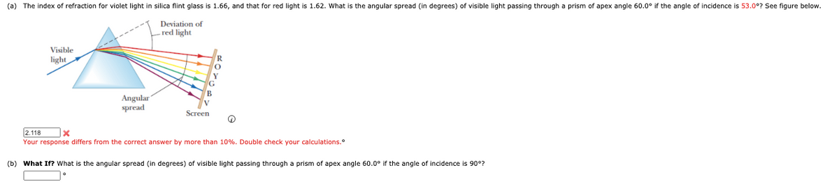 (a) The index of refraction for violet light in silica flint glass is 1.66, and that for red light is 1.62. What is the angular spread (in degrees) of visible light passing through a prism of apex angle 60.0° if the angle of incidence is 53.0°? See figure below.
Deviation of
red light
Visible
light
Y
B
Angular
spread
Screen
2.118
Your response differs from the correct answer by more than 10%. Double check your calculations.
(b) What If? What is the angular spread (in degrees) of visible light passing through a prism of apex angle 60.0° if the angle of incidence is 90°?
