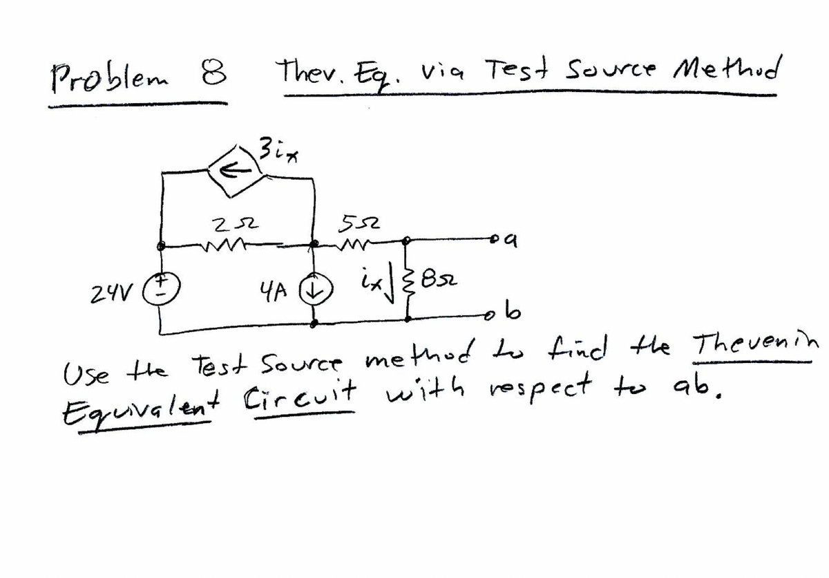 Problem 8
24V
Thev. Eg. via Test Source Method
3ix
222
552
ча а
A )_ }82
ix √
pa
مام
Use the Test Source method to find the Thevenin
Equivalent Circuit with respect to ab.
