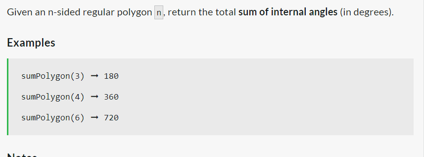 Given an n-sided regular polygon n, return the total sum of internal angles (in degrees).
Examples
sumPolygon (3) → 180
sumPolygon (4) → 360
sumPolygon (6) → 720