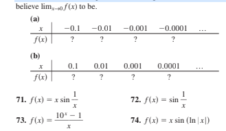 believe lim,0,f(x) to be.
(a)
-0.1
-0.01
-0.001
-0.0001
f(x)
?
?
?
?
(b)
0.1
0.01
0.001
0.0001
f(x)
71. f(x) = x sin -
72. f(x) = sin
10* - 1
73. f(x)
74. f(x) = x sin (In |x|)
