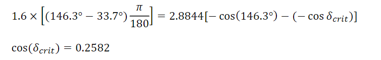 1.6 ×
TU
[(146.3°- 33.7°) 180
cos (Scrit) = 0.2582
=
2.8844[ cos(146.3°) − (− cos crit)]