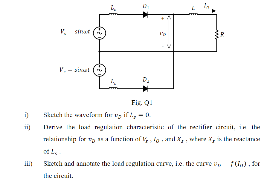 i)
ii)
iii)
Vs = = sinwt
Vs = sinot
2.
Ls
m
Ls
m
D₁
D₂
+
VD
L
m
Io
{R
Fig. Q1
Sketch the waveform for vp if Ls = 0.
Derive the load regulation characteristic of the rectifier circuit, i.e. the
relationship for v as a function of V, Io, and X, where X is the reactance
of Ls.
Sketch and annotate the load regulation curve, i.e. the curve vp = f(10), for
the circuit.