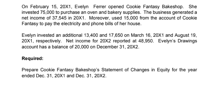 On February 15, 20X1, Evelyn Ferrer opened Cookie Fantasy Bakeshop. She
invested 75,000 to purchase an oven and bakery supplies. The business generated a
net income of 37,545 in 20X1. Moreover, used 15,000 from the account of Cookie
Fantasy to pay the electricity and phone bills of her house.
Evelyn invested an additional 13,400 and 17,650 on March 16, 20X1 and August 19,
20x1, respectively. Net income for 20X2 reported at 48,950. Evelyn's Drawings
account has a balance of 20,000 on December 31, 20X2.
Required:
Prepare Cookie Fantasy Bakeshop's Statement of Changes in Equity for the year
ended Dec. 31, 20X1 and Dec. 31, 20X2.
