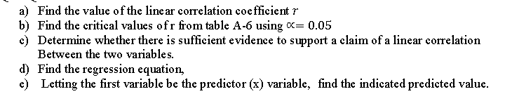 a) Find the value of the line ar correlation coefficient r
b) Find the critical values ofr from table A-6 using x= 0.05
c) Determine whether there is sufficient evidence to support a claim of a linear correlation
Between the two variables.
d) Find the regression equation,
e) Letting the first variable be the predictor (x) variable, find the indicated predicted value.
