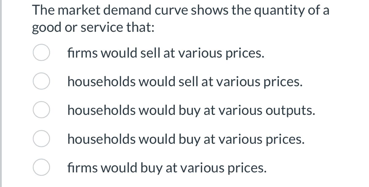The market demand curve shows the quantity of a
good or service that:
firms would sell at various prices.
households would sell at various prices.
households would buy at various outputs.
households would buy at various prices.
firms would buy at various prices.