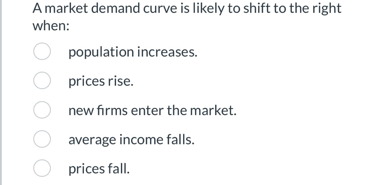 A market demand curve is likely to shift to the right
when:
population increases.
prices rise.
new firms enter the market.
O average income falls.
prices fall.