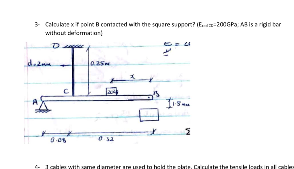 3- Calculate x if point B contacted with the square support? (Erod CD=200GP%; AB is a rigid bar
without deformation)
0.25m
A
0.08
0 32
4-
3 cables with same diameter are used to hold the plate, Calculate the tensile loads in all cables
