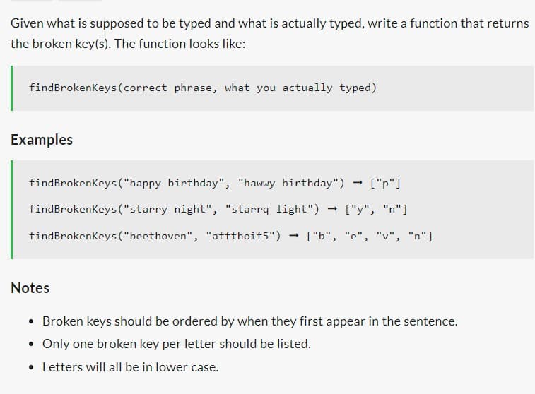 Given what is supposed to be typed and what is actually typed, write a function that returns
the broken key(s). The function looks like:
findBrokenKeys (correct phrase, what you actually typed)
Examples
findBrokenKeys ("happy birthday", "hawwy birthday")
["p"]
findBrokenKeys ("starry night", "starrq light") → ["y", "n"]
findBrokenKeys ("beethoven", "affthoif5") ["b", "e", "v", "n"]
Notes
-
• Broken keys should be ordered by when they first appear in the sentence.
Only one broken key per letter should be listed.
• Letters will all be in lower case.
●