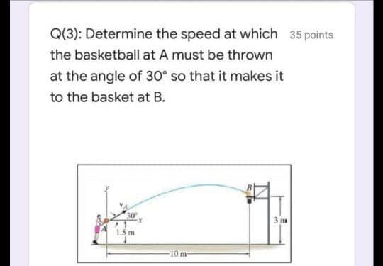 Q(3): Determine the speed at which 35 points
the basketball at A must be thrown
at the angle of 30° so that it makes it
to the basket at B.
30
1.5 m
10 m

