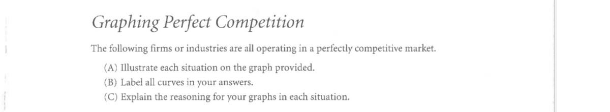 Graphing Perfect Competition
The following firms or industries are all operating in a perfectly competitive market.
(A) Illustrate each situation on the graph provided.
(B) Label all curves in your answers.
(C) Explain the reasoning for your graphs in each situation.
