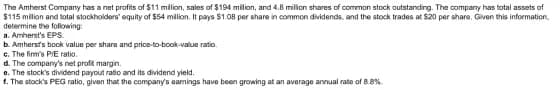 The Amherst Company has a net profits of $11 million, sales of $194 milion, and 4.8 milion shares of common stock outstanding. The company has total assets of
$115 milion and total stockholders' equity of $54 milion. It pays S1.08 per share in common dividends, and the stock trades at $20 per share, Given this information,
determine the following
a. Amherst's EPS.
b. Amhersts book value per share and price-to-book-value ratio.
c. The firm's PE ratio.
d. The company's net profit margin.
e. The stock's dividend payout ratio and its dividend yield.
1. The stock's PEG ratio, given that the company's aarnings have been growing at an average annual rate of 8.8%
