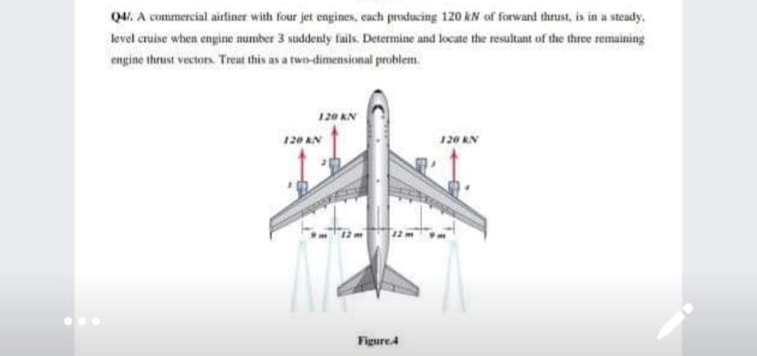 Q4/. A commercial airfiner with four jet engines, cach producing 120 kN of forward thrust, is in a steady,
level cruise when engine number 3 suddenly fails. Determine and locate the resultant of the three remuining
engine thrust vectors. Treat this as a two-dimensional problem.
120 KN
120 AN
120 KN
Figure.4
